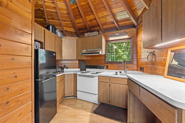15-1913 Beach Rd, Keaau, HI 96749 - kitchen featuring freestanding refrigerator, electric stove, a sink, wooden ceiling, and light wood-style flooring