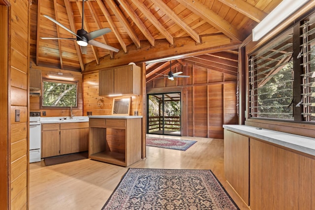 15-1913 Beach Rd, Keaau, HI 96749 - kitchen featuring ceiling fan, a sink, wood ceiling, light wood-type flooring, and white range oven