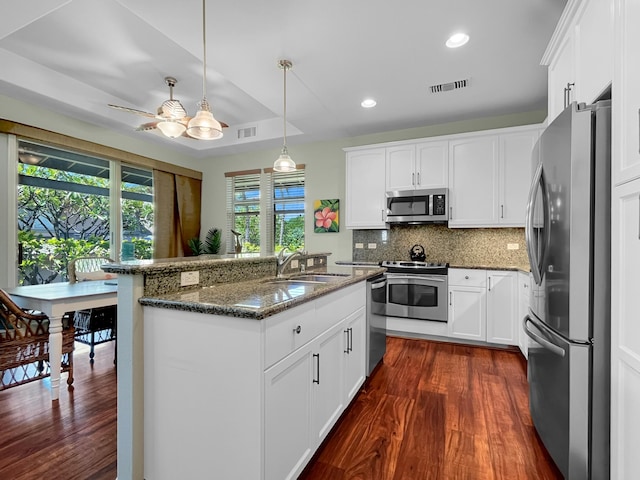 68-1125 Kaniku Dr Unit 1601, Kamuela, HI 96743 - kitchen with stainless steel appliances, a sink, dark wood finished floors, dark stone counters, and tasteful backsplash