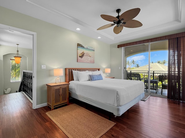 68-1125 Kaniku Dr Unit 1601, Kamuela, HI 96743 - bedroom with access to outside, wood finished floors, multiple windows, recessed lighting, and a tray ceiling