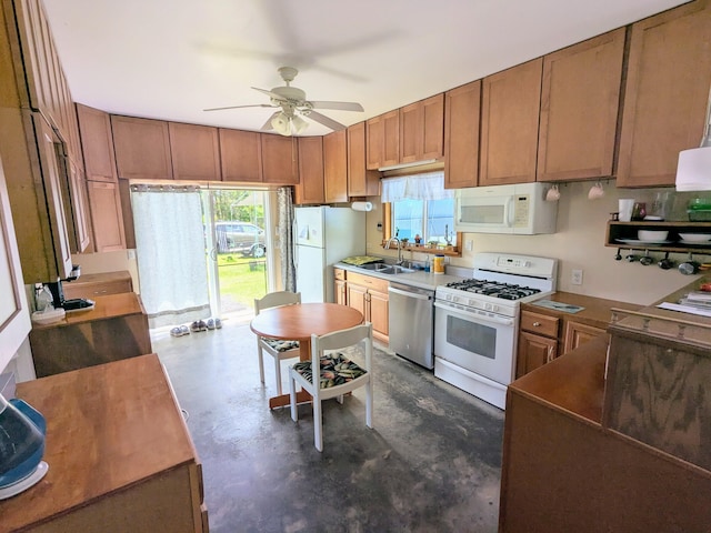 15-1468 23rd Ave, Keaau, HI 96749 - kitchen featuring white appliances, finished concrete floors, a sink, a ceiling fan, and healthy amount of natural light