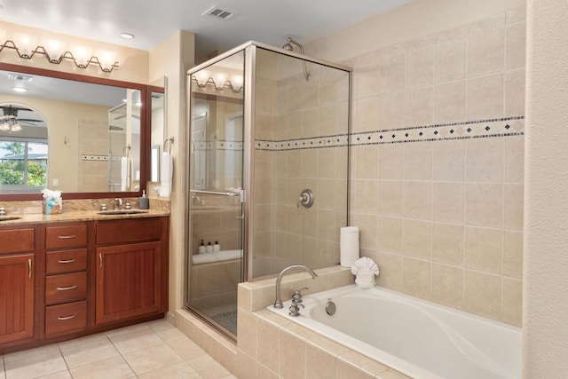 68-1122 Na Ala Hele Rd Unit H22, Kamuela, HI 96743 - full bathroom featuring double vanity, a garden tub, a shower stall, tile patterned flooring, and a ceiling fan