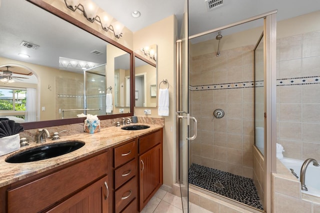 68-1122 Na Ala Hele Rd Unit H22, Kamuela, HI 96743 - bathroom with a shower stall, double vanity, a bath, tile patterned floors, and a ceiling fan