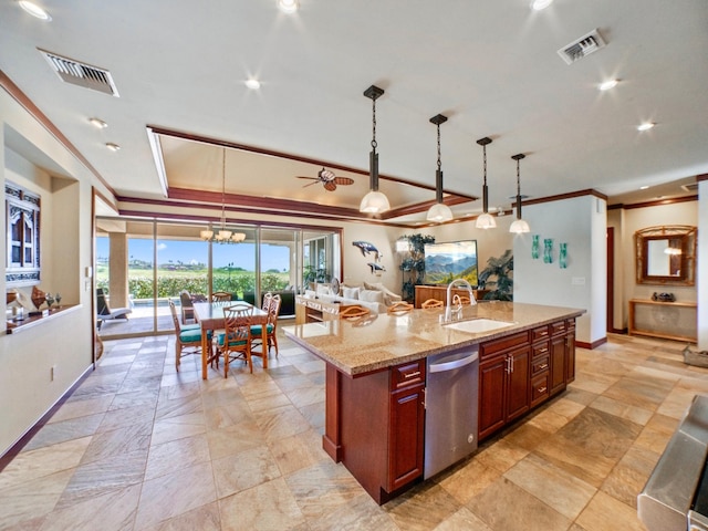 62-3600 Amaui Pl Unit 345, Waimea, HI 96743 - kitchen featuring dishwasher, ornamental molding, a sink, baseboards, and pendant lighting