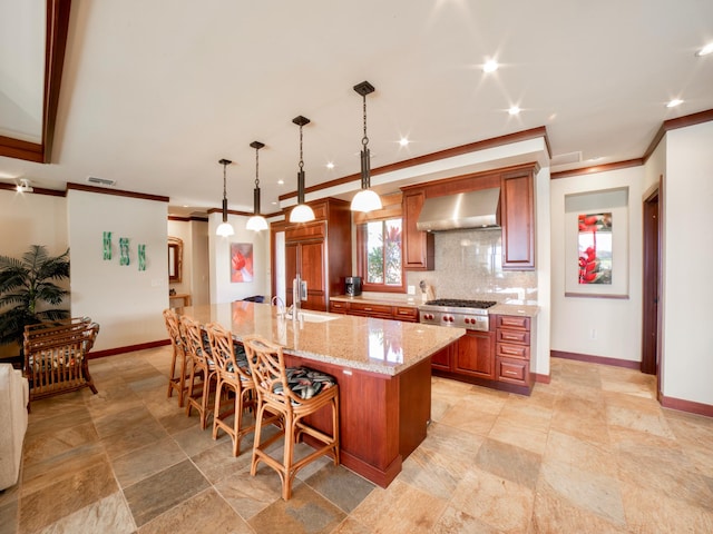 62-3600 Amaui Pl Unit 345, Waimea, HI 96743 - kitchen with wall chimney range hood, ornamental molding, baseboards, stainless steel gas stovetop, and a sink