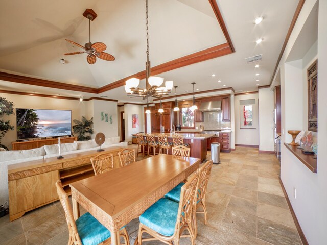 62-3600 Amaui Pl Unit 345, Waimea, HI 96743 - dining space with ornamental molding, a chandelier, vaulted ceiling, recessed lighting, and ceiling fan