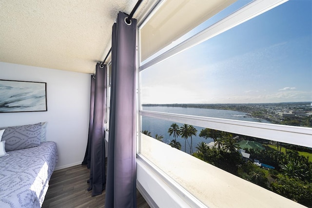 84 Pukihae St Unit 1106, Hilo, HI 96720 - bedroom featuring a water view, dark wood-style flooring, a textured ceiling, and baseboards
