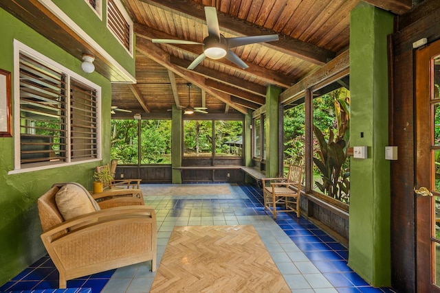 7315 Alealea Rd, Hanalei, HI 96714 - unfurnished sunroom with a ceiling fan, wooden ceiling, tile patterned flooring, and healthy amount of natural light