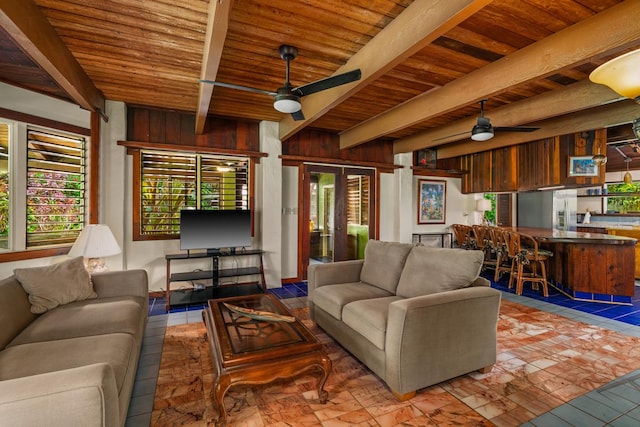 7315 Alealea Rd, Hanalei, HI 96714 - living room with a ceiling fan, wooden ceiling with exposed beams, and wood walls