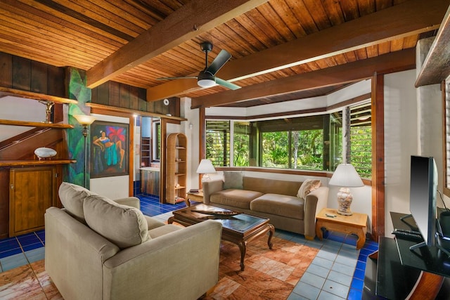 7315 Alealea Rd, Hanalei, HI 96714 - living area featuring tile patterned floors, wood ceiling with exposed beams, ceiling fan, and wooden walls