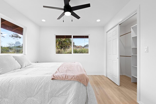 16-2072 Hapuu Dr, Pahoa, HI 96778 - bedroom with light wood-style flooring, recessed lighting, a closet, baseboards, and a ceiling fan