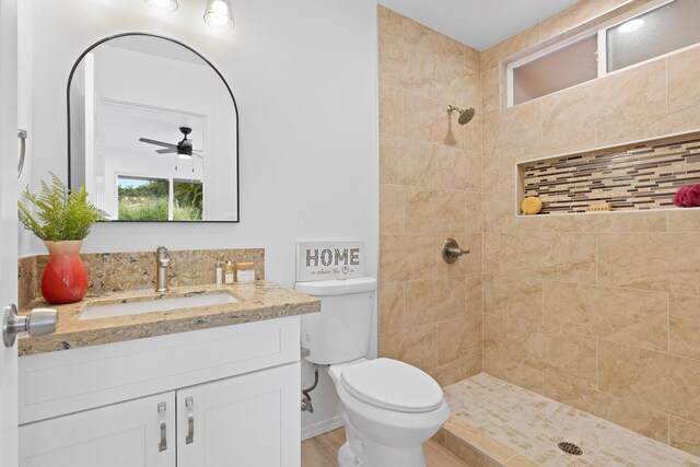 16-2072 Hapuu Dr, Pahoa, HI 96778 - bathroom featuring vanity, a tile shower, toilet, and a ceiling fan