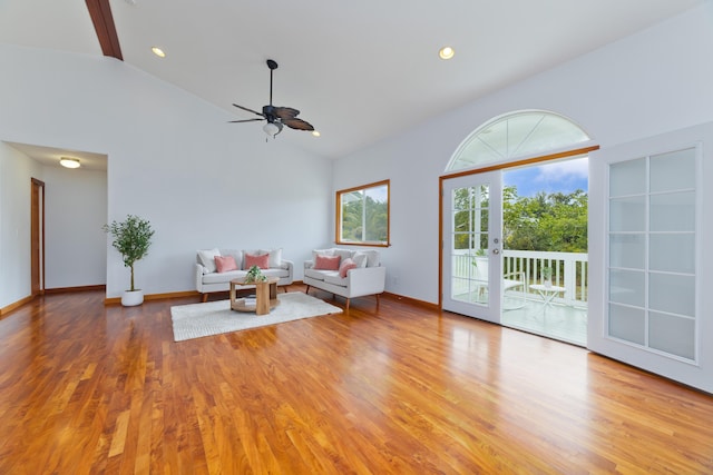 15-1505 2nd Ave, Keaau, HI 96749 - unfurnished living room featuring wood finished floors, ceiling fan, baseboards, recessed lighting, and high vaulted ceiling