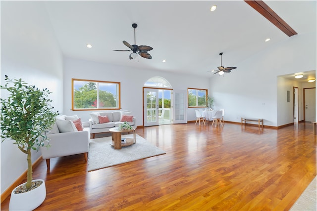 15-1505 2nd Ave, Keaau, HI 96749 - living area featuring a ceiling fan, light wood-style flooring, recessed lighting, baseboards, and high vaulted ceiling