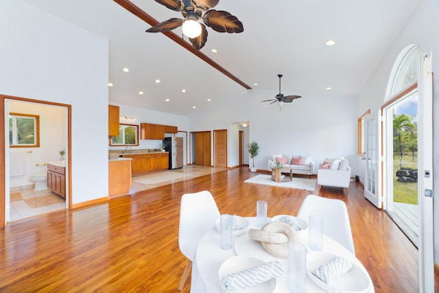 15-1505 2nd Ave, Keaau, HI 96749 - living area with a ceiling fan, light wood-style floors, high vaulted ceiling, and recessed lighting