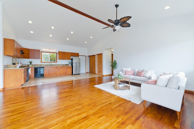 15-1505 2nd Ave, Keaau, HI 96749 - living room featuring high vaulted ceiling, light wood-style flooring, recessed lighting, and ceiling fan