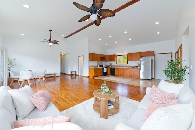 15-1505 2nd Ave, Keaau, HI 96749 - living area featuring ceiling fan, recessed lighting, high vaulted ceiling, and light wood-style flooring