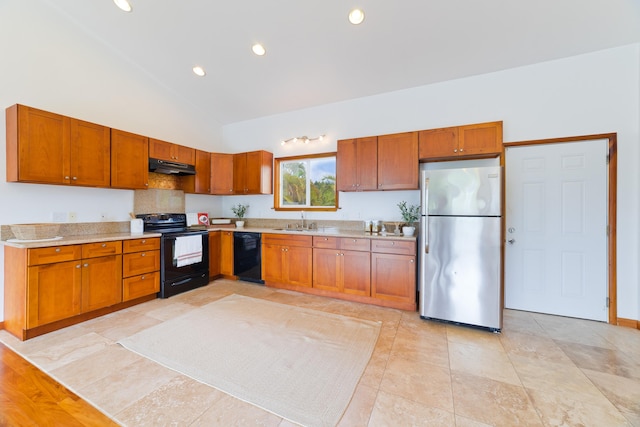 15-1505 2nd Ave, Keaau, HI 96749 - kitchen featuring black appliances, a sink, under cabinet range hood, light countertops, and recessed lighting