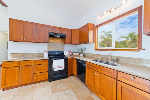 15-1505 2nd Ave, Keaau, HI 96749 - kitchen with black appliances, range hood, a sink, lofted ceiling, and brown cabinetry