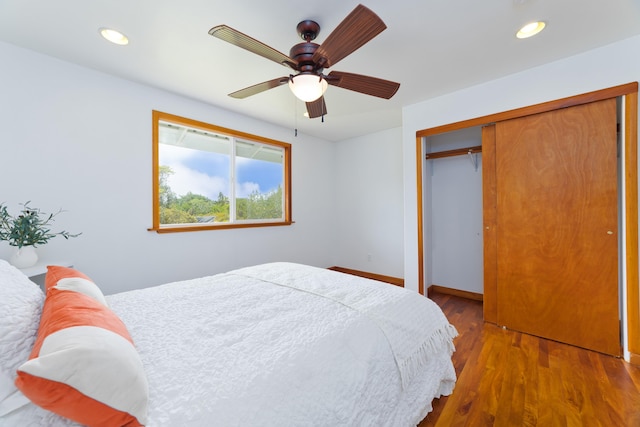 15-1505 2nd Ave, Keaau, HI 96749 - bedroom with wood finished floors, recessed lighting, a closet, baseboards, and a ceiling fan