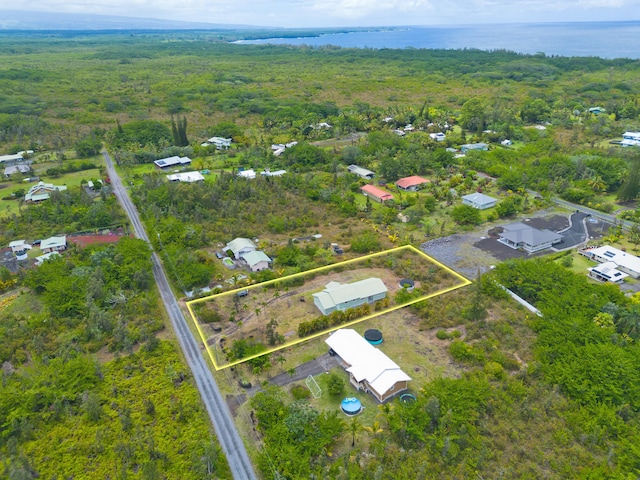 15-1505 2nd Ave, Keaau, HI 96749 - aerial overview of property's location featuring property parcel outlined, a nearby body of water, and a forest