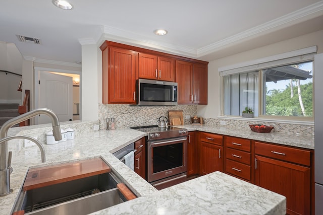 68-1122 Na Ala Hele Rd Unit A22, Kamuela, HI 96743 - kitchen with stainless steel appliances, a sink, light stone counters, tasteful backsplash, and ornamental molding