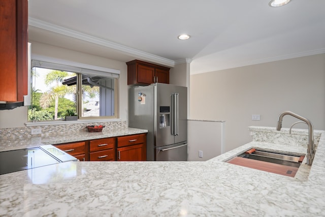 68-1122 Na Ala Hele Rd Unit A22, Kamuela, HI 96743 - kitchen with stainless steel refrigerator with ice dispenser, a sink, ornamental molding, recessed lighting, and backsplash