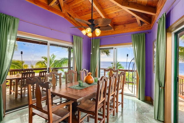 87-287 Kaohe Rd, Captain Cook, HI 96704 - dining room featuring finished concrete flooring, wooden ceiling, a water view, a ceiling fan, and baseboards