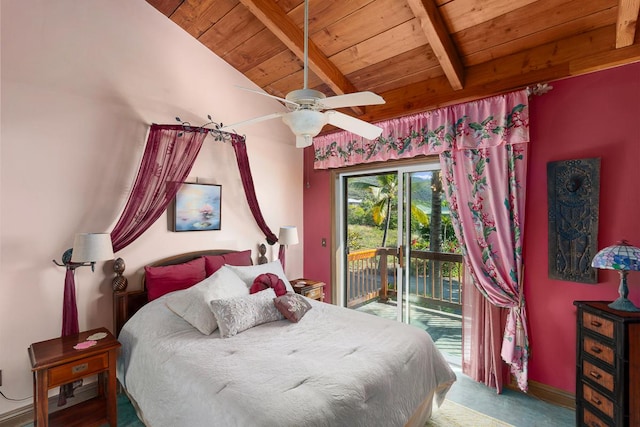 87-287 Kaohe Rd, Captain Cook, HI 96704 - carpeted bedroom with wooden ceiling, access to exterior, and a ceiling fan