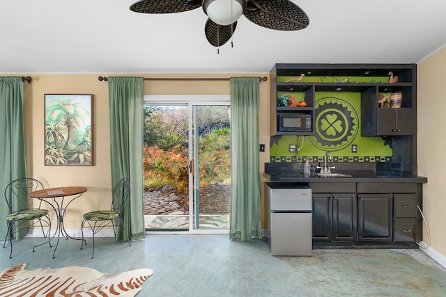 87-287 Kaohe Rd, Captain Cook, HI 96704 - kitchen featuring freestanding refrigerator, open shelves, dark countertops, a sink, and a ceiling fan