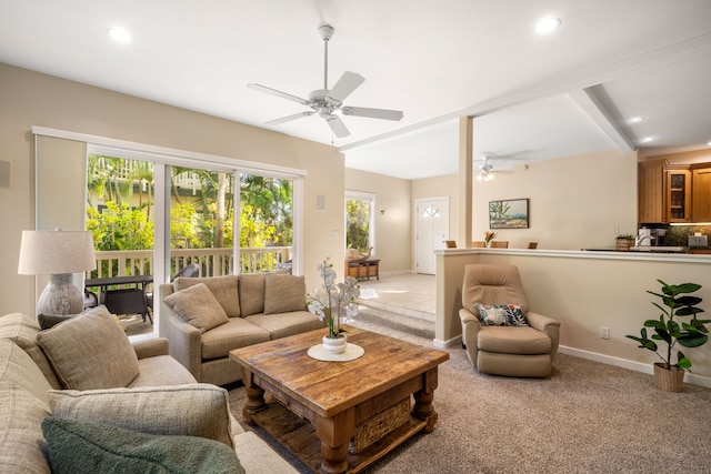 1831 Poipu Rd Unit 611, Koloa, HI 96756 - living area featuring ceiling fan, light colored carpet, baseboards, and recessed lighting