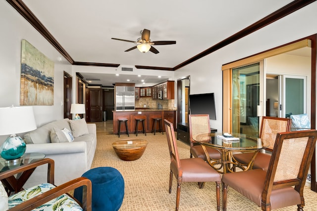 4-820 Kuhio Hwy Unit C205, Kapaa, HI 96746 - living area with ornamental molding, ceiling fan, light carpet, and recessed lighting