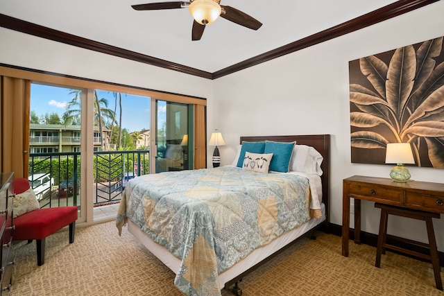 4-820 Kuhio Hwy Unit C205, Kapaa, HI 96746 - carpeted bedroom featuring access to outside, ornamental molding, ceiling fan, and baseboards