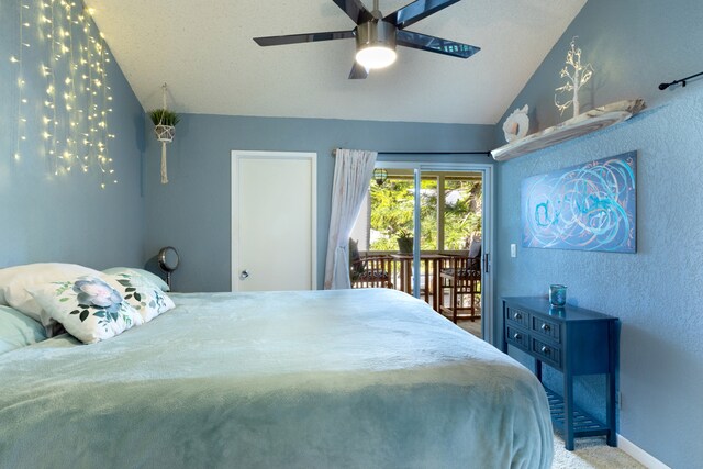 68-3890 Lua Kula St Unit 1007, Waikoloa, HI 96738 - bedroom featuring vaulted ceiling, access to exterior, carpet, a ceiling fan, and a textured wall