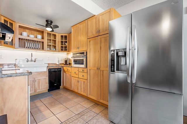 75-5719 Kona Plz Unit 203, Kailua-Kona, HI 96740 - kitchen with stainless steel fridge with ice dispenser, dishwasher, a sink, light tile patterned floors, and range hood