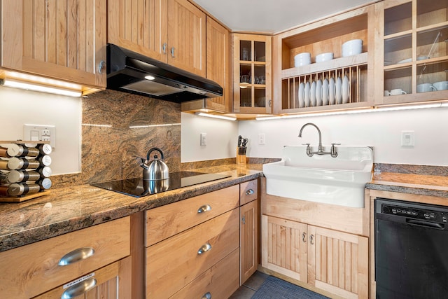 75-5719 Kona Plz Unit 203, Kailua-Kona, HI 96740 - kitchen with black appliances, under cabinet range hood, a sink, glass insert cabinets, and decorative backsplash