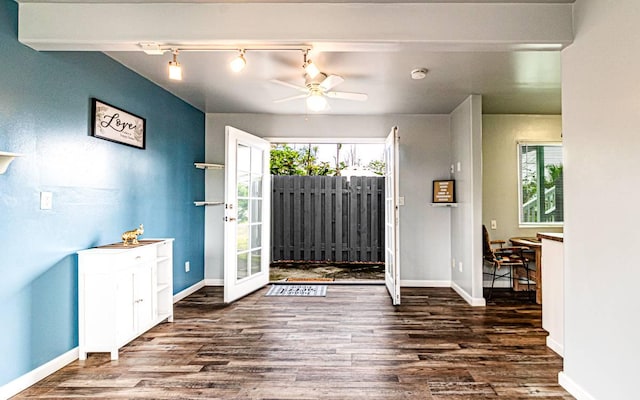 15-1688 18th Ave, Maia Keaau, HI 96749 - entrance foyer with wood finished floors, ceiling fan, baseboards, and track lighting