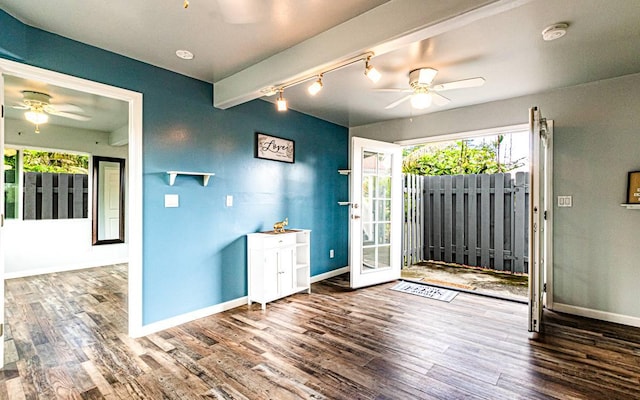 15-1688 18th Ave, Maia Keaau, HI 96749 - foyer with ceiling fan, wood finished floors, baseboards, and rail lighting