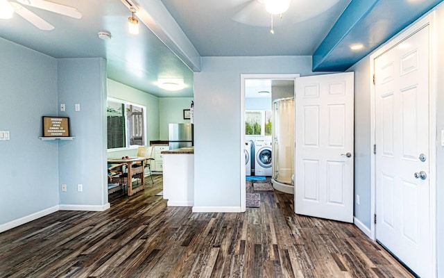 15-1688 18th Ave, Maia Keaau, HI 96749 - interior space with freestanding refrigerator, washer and clothes dryer, dark wood finished floors, baseboards, and a ceiling fan