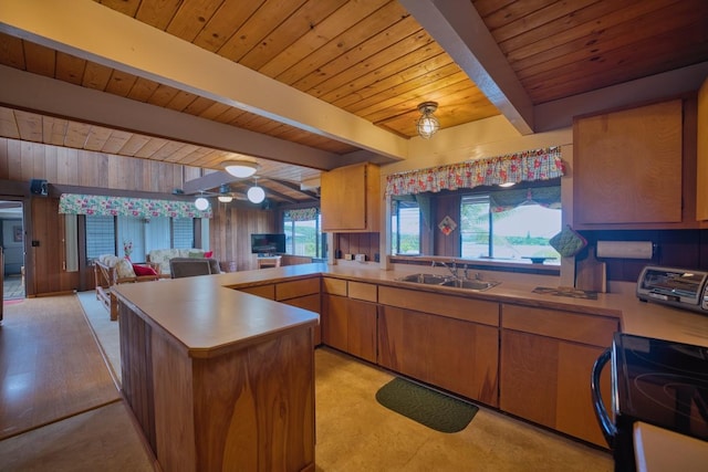 1559 Kilikina St, Hilo, HI 96720 - kitchen with black / electric stove, a peninsula, wood ceiling with exposed beams, light countertops, and a sink