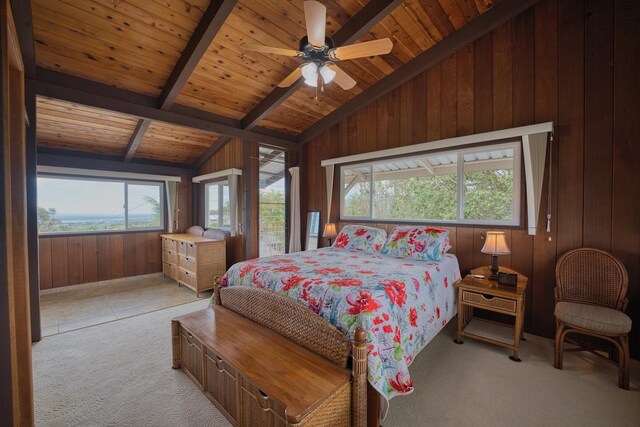 1559 Kilikina St, Hilo, HI 96720 - carpeted bedroom featuring wooden walls, wood ceiling, a ceiling fan, and access to exterior