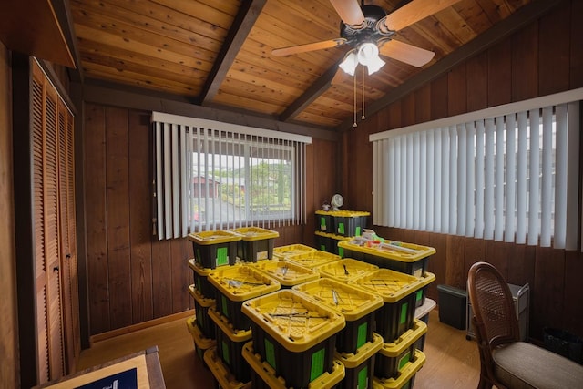 1559 Kilikina St, Hilo, HI 96720 - dining room featuring wood finished floors, wooden walls, wooden ceiling, and ceiling fan