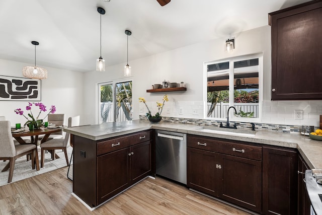 73-1060 Kuuleialoha Cir, Kailua-Kona, HI 96740 - kitchen featuring stainless steel dishwasher, a sink, decorative backsplash, a peninsula, and dark brown cabinets