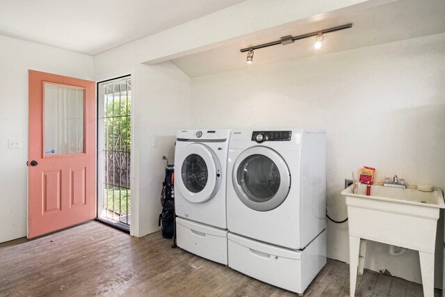 73-1060 Kuuleialoha Cir, Kailua-Kona, HI 96740 - washroom with independent washer and dryer, wood finished floors, and rail lighting