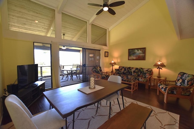 68-3840 Lua Kula St Unit D200, Waikoloa, HI 96738 - dining space with high vaulted ceiling, wood finished floors, a ceiling fan, and wooden ceiling with exposed beams