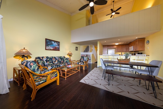 68-3840 Lua Kula St Unit D200, Waikoloa, HI 96738 - living room with dark wood-style floors, a towering ceiling, and ceiling fan