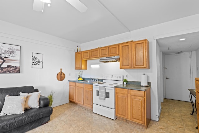 400 Hualani St Unit 1205, Hilo, HI 96720 - kitchen featuring electric stove, under cabinet range hood, a sink, dark countertops, and ceiling fan