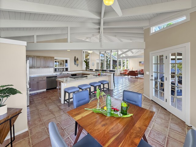 78-6825 Keaupuni St, Kailua-Kona, HI 96740 - dining area featuring healthy amount of natural light, french doors, wooden ceiling, and ceiling fan