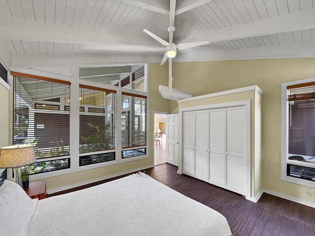 78-6825 Keaupuni St, Kailua-Kona, HI 96740 - bedroom featuring baseboards, dark wood-type flooring, a ceiling fan, wood ceiling, and a closet