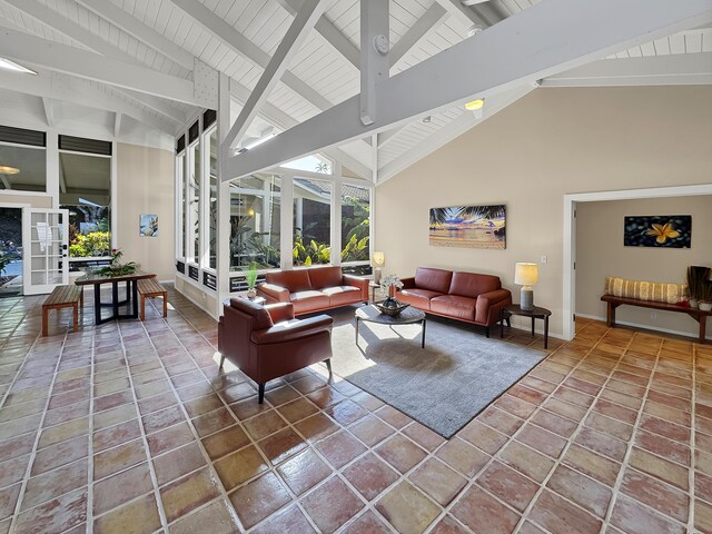 78-6825 Keaupuni St, Kailua-Kona, HI 96740 - living room featuring high vaulted ceiling, baseboards, and wood ceiling with exposed beams